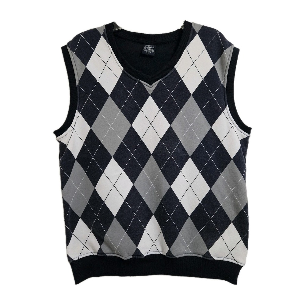 Old Skool Argyle Sweater Vest Mens Lg Black Grey White Excellent V-Neck Fleece